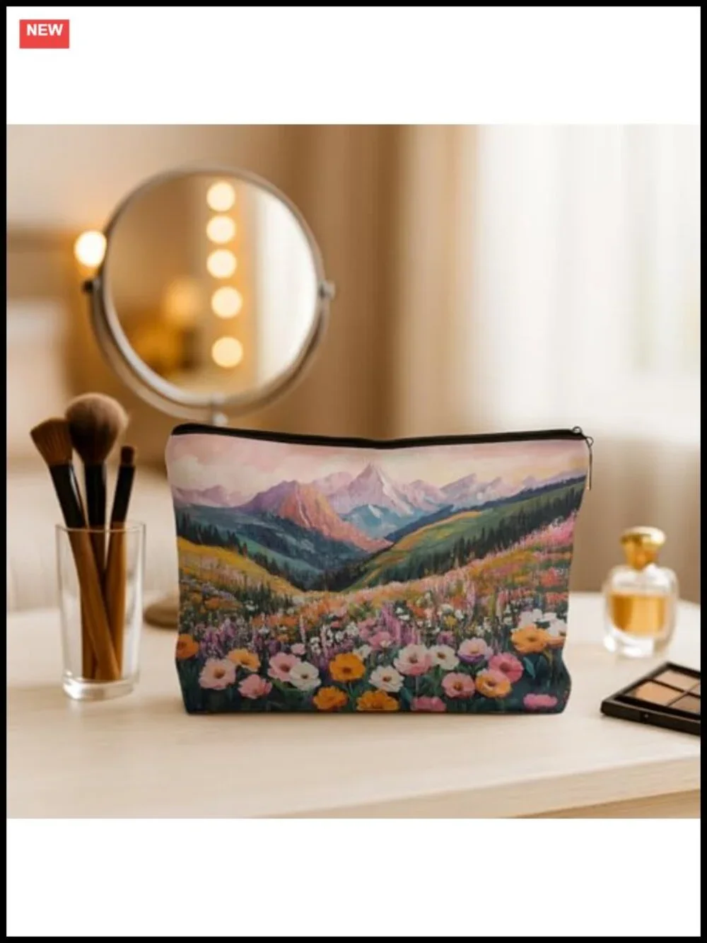 Abstract Mountain Wildflower Makeup Bag, Floral Botanical Cosmetic Pouch,